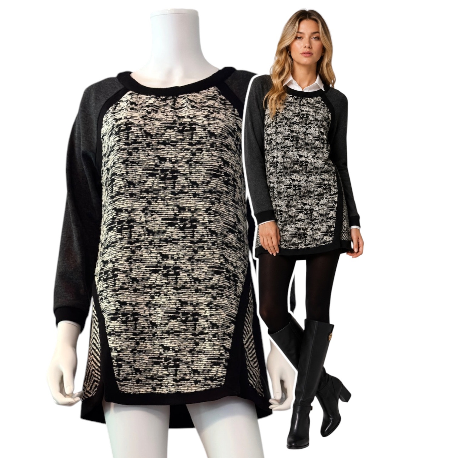 Harlyn Anthropologie Adelaide Tunic Womens Size Small Grey Black Knit Lagenlook